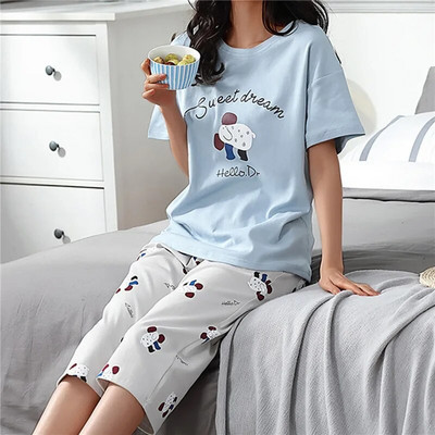 Γυναικείες Πυτζάμες M-2XL Μεγάλου μεγέθους M-2XL Γυναικεία Sleepwear Leisure Νέο μεγάλο γυναικείο κοστούμι με βαμβακερή εκτύπωση πιτζάμα για το σπίτι