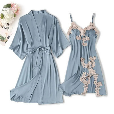 Ljetni ogrtač za kupanje od 2 komada, spavaćica, odijelo za spavanje Seksi ženski satenski ogrtač, kompleti haljina, spavaćica s čipkastim cvijetom, kimono, kućna odjeća