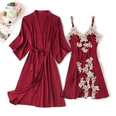 Ljetni ogrtač za kupanje od 2 komada, spavaćica, odijelo za spavanje Seksi ženski satenski ogrtač, kompleti haljina, spavaćica s čipkastim cvijetom, kimono, kućna odjeća