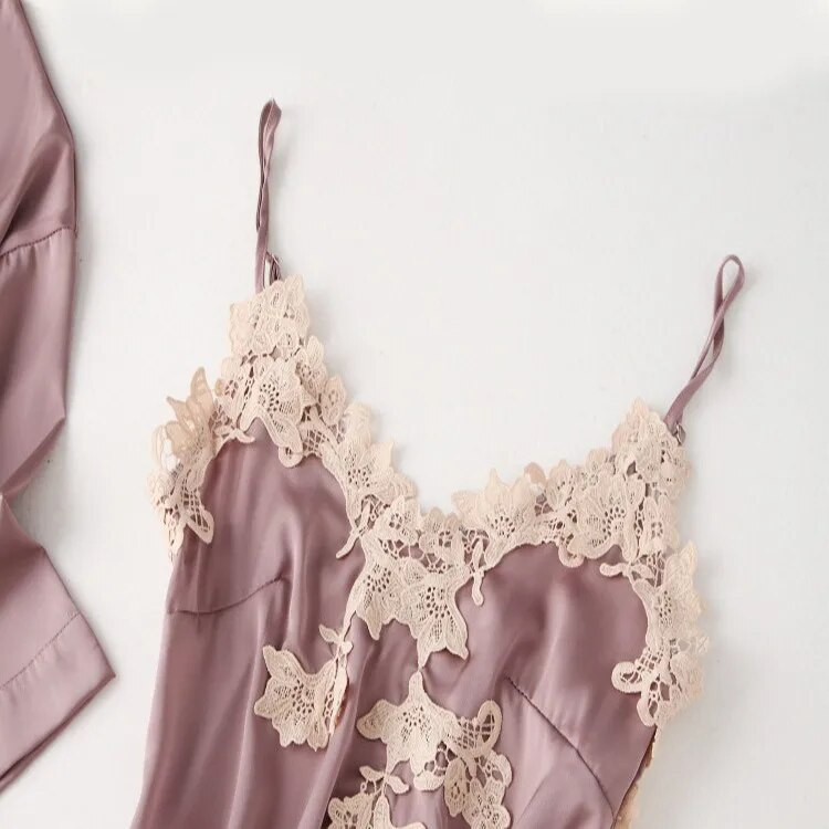 Ljetni ogrtač za kupanje od 2 komada, spavaćica, odijelo za spavanje Seksi ženski satenski ogrtač, kompleti haljina, spavaćica s čipkastim cvijetom, kimono, kućna odjeća