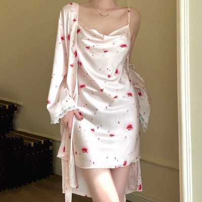 Καλοκαιρινά γυναικεία νυχτικά νυχτικά και ρόμπα Πυζά στάμπα λουλούδι Μπουρνούζι Φόρεμα νυχτικό Φαρδύ Μεταξωτό Σατέν Σπίτι Φορέστε Σαλόνια