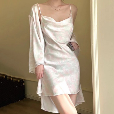 Καλοκαιρινά γυναικεία νυχτικά νυχτικά και ρόμπα Πυζά στάμπα λουλούδι Μπουρνούζι Φόρεμα νυχτικό Φαρδύ Μεταξωτό Σατέν Σπίτι Φορέστε Σαλόνια