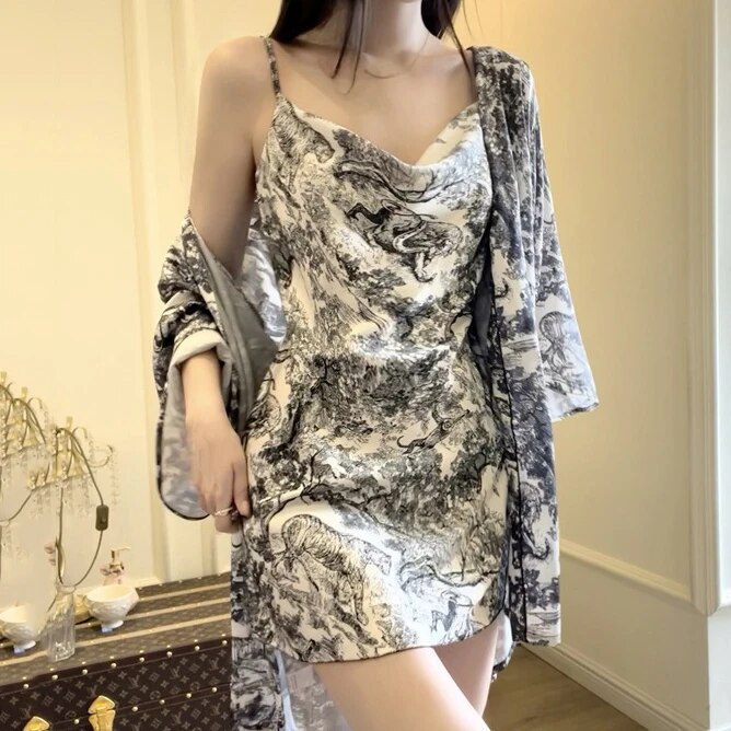 Καλοκαιρινά γυναικεία νυχτικά νυχτικά και ρόμπα Πυζά στάμπα λουλούδι Μπουρνούζι Φόρεμα νυχτικό Φαρδύ Μεταξωτό Σατέν Σπίτι Φορέστε Σαλόνια