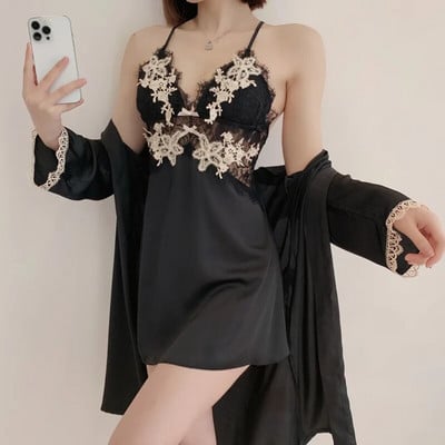 Szexi Patchwork Csipke köntös Harisnyatartó Hálóruha Hálóruha szett tavaszi nyár női otthoni ruha Intim fehérnemű selyem szatén fürdőköpeny