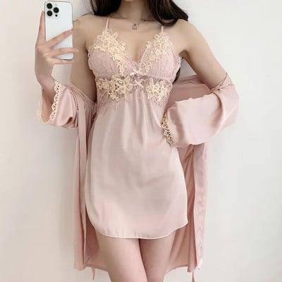 Szexi Patchwork Csipke köntös Harisnyatartó Hálóruha Hálóruha szett tavaszi nyár női otthoni ruha Intim fehérnemű selyem szatén fürdőköpeny