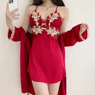 Szexi Patchwork Csipke köntös Harisnyatartó Hálóruha Hálóruha szett tavaszi nyár női otthoni ruha Intim fehérnemű selyem szatén fürdőköpeny