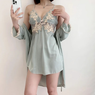 Szexi Patchwork Csipke köntös Harisnyatartó Hálóruha Hálóruha szett tavaszi nyár női otthoni ruha Intim fehérnemű selyem szatén fürdőköpeny