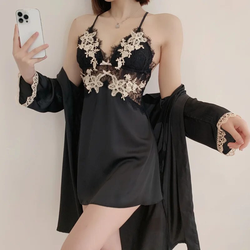 Szexi Patchwork Csipke köntös Harisnyatartó Hálóruha Hálóruha szett tavaszi nyár női otthoni ruha Intim fehérnemű selyem szatén fürdőköpeny