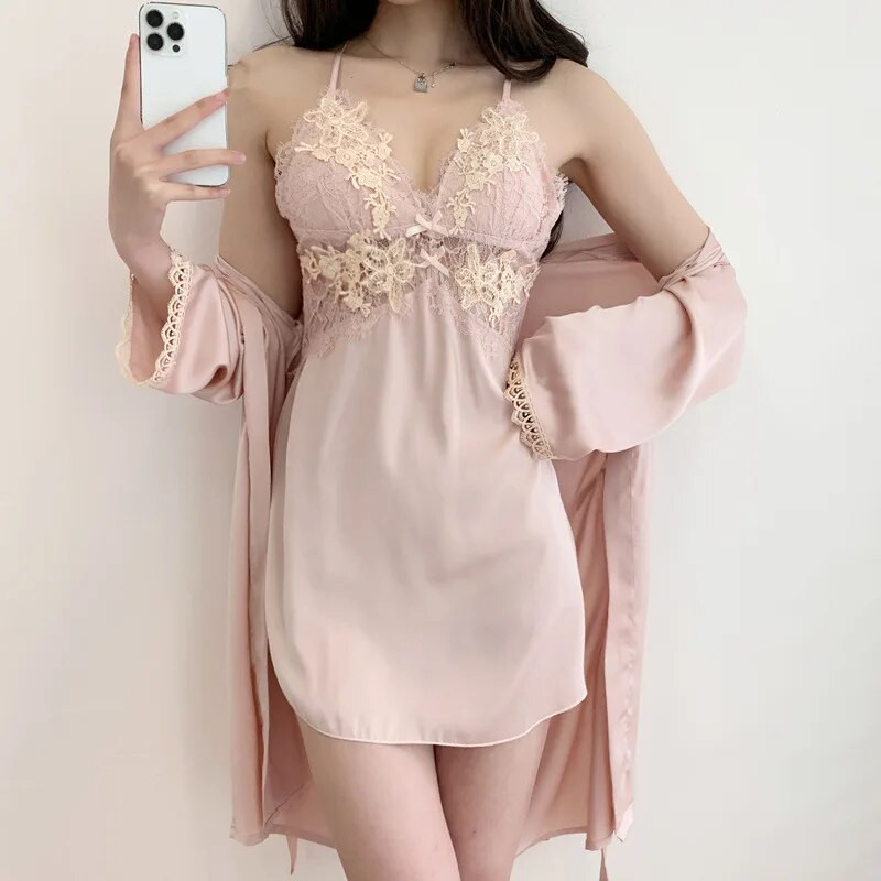 Szexi Patchwork Csipke köntös Harisnyatartó Hálóruha Hálóruha szett tavaszi nyár női otthoni ruha Intim fehérnemű selyem szatén fürdőköpeny