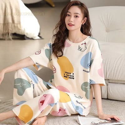 Tavaszi őszi elegáns pizsama fiatal női pizsama szettek pizsama női kereknyakú hálóruha Női nappaliruha Pijama Mujer házi ruha
