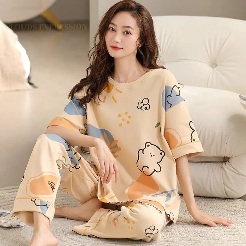 Tavaszi őszi elegáns pizsama fiatal női pizsama szettek pizsama női kereknyakú hálóruha Női nappaliruha Pijama Mujer házi ruha