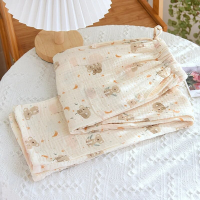 NHKDSASA Couples Home Παντελόνια Γυναικεία Βαμβακερή Διπλή Γάζα Λεπτή Sleep Παντελόνι Sleep Bottoms Casual Printing Πυτζάμες Άνοιξη και Καλοκαίρι