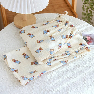 NHKDSASA Couples Home Παντελόνια Γυναικεία Βαμβακερή Διπλή Γάζα Λεπτή Sleep Παντελόνι Sleep Bottoms Casual Printing Πυτζάμες Άνοιξη και Καλοκαίρι