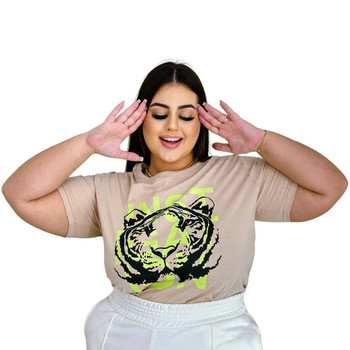 Βαμβακερά μπλουζάκια σε μεγάλο μέγεθος Γυναικεία γυναικεία γράμματα Harajuku Tiger με μοτίβο εκτύπωσης Casual κοντομάνικα μπλουζάκια Καλοκαιρινό μπλουζάκι