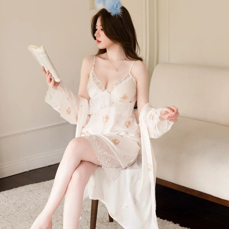 Γυναικείο σετ Nighty & Robe Μεταξένιο Σατέν Μπουρνούζι Νυχτικό Lounge Φορέστε Γυναικεία Sleepwear Καλοκαιρινή Δαντέλα Κιμονό Φόρεμα Εσώρουχα για το σπίτι