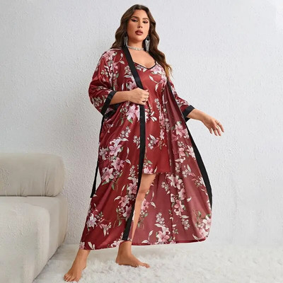 XL-5XL Σετ μεγάλου μεγέθους Nighty&Robe Γυναικεία φόρεμα μπουρνούζι Σαλόνια Καλοκαιρινό σατέν κιμονό πυζά νυχτικό κοστούμι Rayon Φόρεμα για το σπίτι