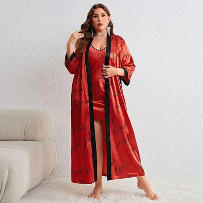 XL-5XL Σετ μεγάλου μεγέθους Nighty&Robe Γυναικεία φόρεμα μπουρνούζι Σαλόνια Καλοκαιρινό σατέν κιμονό πυζά νυχτικό κοστούμι Rayon Φόρεμα για το σπίτι