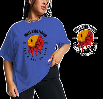 Дамска ежедневна памучна тениска SummerSmiling Face Graffiti Text Print T-Shirt Тениска с къс ръкав Средна еластична тениска Плюс размер