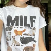 Milf Man I Love Feline Woman Funny Meme Majica velikih veličina kratkih rukava Cat Lover T-shirt Cat Mom Shirt Slatka grafička majica kratkih rukava