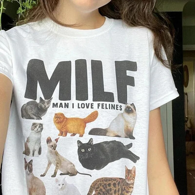 Milf Man I Love Feline Woman Funny Meme Plus Size T-Shirt Short Sleeve Cat Lover T-Shirt Cat Mom Shirt Cute Graphic T-Shirt Топ