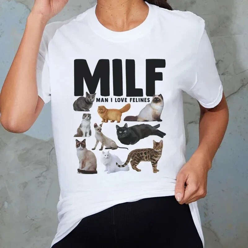 Milf Man I Love Feline Woman Funny Meme Majica velikih veličina kratkih rukava Cat Lover T-shirt Cat Mom Shirt Slatka grafička majica kratkih rukava