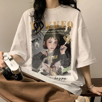 Αμερικάνικο ρετρό χιπ χοπ πορτραίτο 200 κιλών συν με εμπριμέ, βαμβακερό κοντομάνικο T-shirt Street Casual T-shirt Loose γυναικεία μπλουζάκια