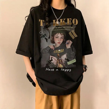 Αμερικάνικο ρετρό χιπ χοπ πορτραίτο 200 κιλών συν με εμπριμέ, βαμβακερό κοντομάνικο T-shirt Street Casual T-shirt Loose γυναικεία μπλουζάκια