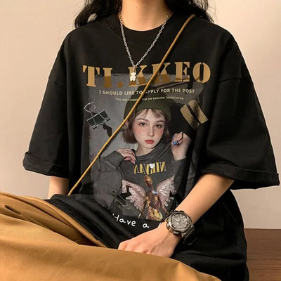 200 kg-os plusz méretű amerikai retro hip-hop portré nyomott pamut rövid ujjú póló Utcai alkalmi póló bő női felsők