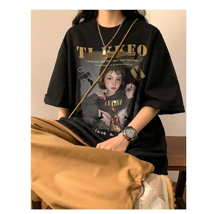 200 kg-os plusz méretű amerikai retro hip-hop portré nyomott pamut rövid ujjú póló Utcai alkalmi póló bő női felsők