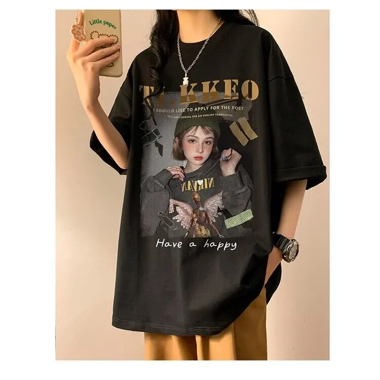 200 kg-os plusz méretű amerikai retro hip-hop portré nyomott pamut rövid ujjú póló Utcai alkalmi póló bő női felsők