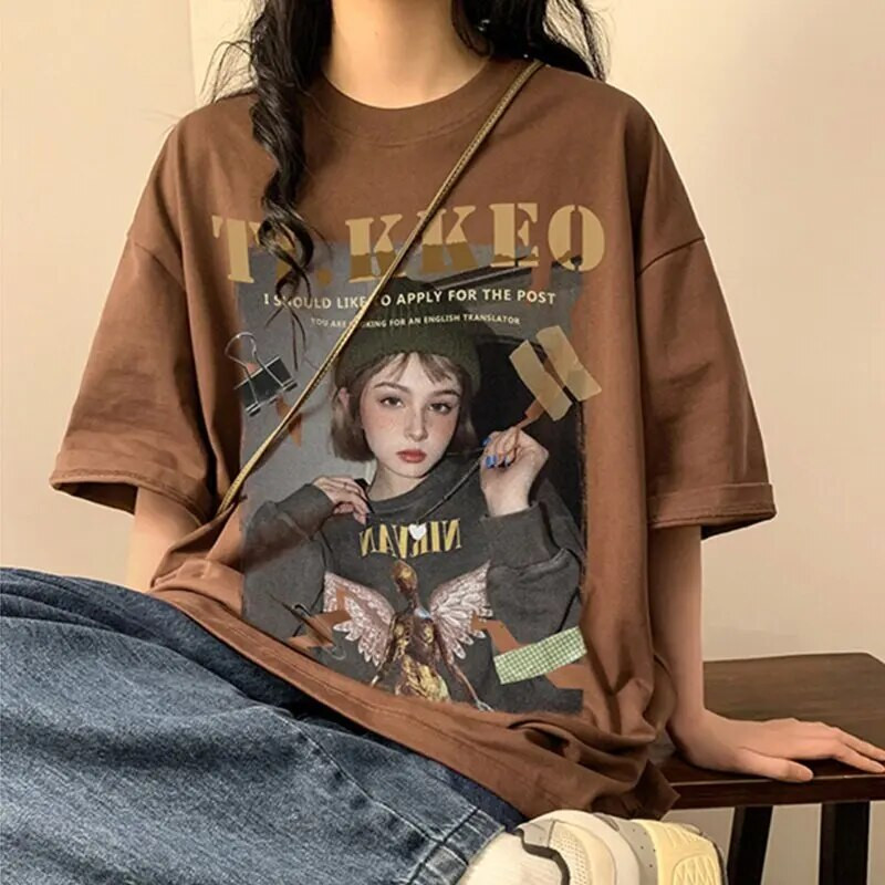 200 kg-os plusz méretű amerikai retro hip-hop portré nyomott pamut rövid ujjú póló Utcai alkalmi póló bő női felsők
