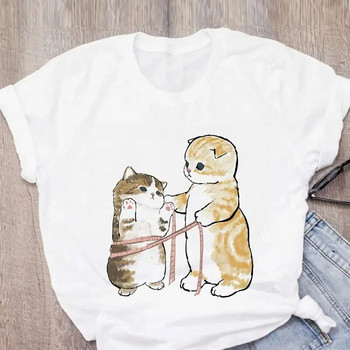 Карикатура Тениска с голям размер Harajuku Дамска тениска Cat Funny Graphic T-shirt Тениска с принт от 90-те Модна естетична горна тениска Женска