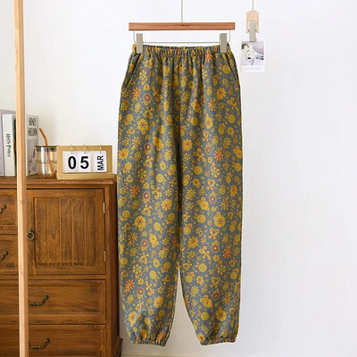 Ženska retro pamučna pidžama hlače Jacquard dizajn obojen pređom Tanka i labava dnevna odjeća Elastični struk Donji dijelovi za spavanje Odjeća za spavanje