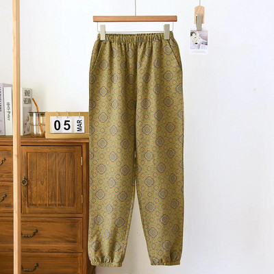 Ženska retro pamučna pidžama hlače Jacquard dizajn obojen pređom Tanka i labava dnevna odjeća Elastični struk Donji dijelovi za spavanje Odjeća za spavanje