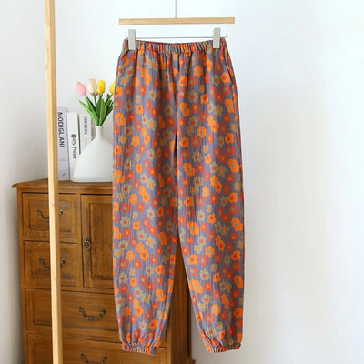 Ženska retro pamučna pidžama hlače Jacquard dizajn obojen pređom Tanka i labava dnevna odjeća Elastični struk Donji dijelovi za spavanje Odjeća za spavanje