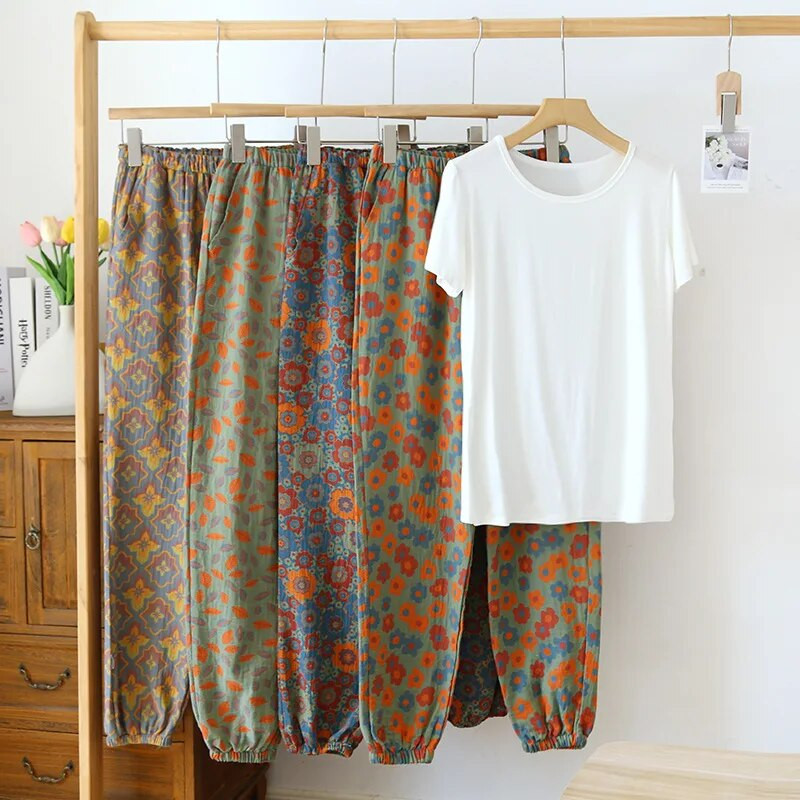 Ženska retro pamučna pidžama hlače Jacquard dizajn obojen pređom Tanka i labava dnevna odjeća Elastični struk Donji dijelovi za spavanje Odjeća za spavanje