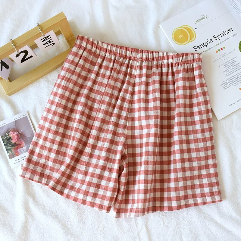 Νέο καλοκαιρινό ζεύγος καρό σορτς 100% βαμβακερό λεπτό παντελόνι πιτζάμα Lounge Sleep Wear for Women Bottoms Night Pants