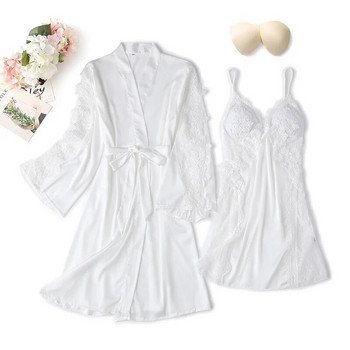 2 ΤΕΜ Δαντελένιο σετ ρόμπα φόρεμα με δαντέλα Σέξι γυναικείο σατέν νυχτερινό μπουρνούζι με λουράκι νυχτικό νυχτικό ύπνο Κοστούμι ύπνου Καλοκαιρινό νυφικό κιμονό