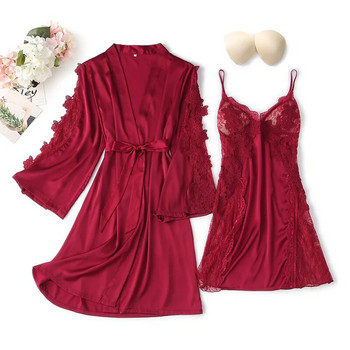 2 ΤΕΜ Δαντελένιο σετ ρόμπα φόρεμα με δαντέλα Σέξι γυναικείο σατέν νυχτερινό μπουρνούζι με λουράκι νυχτικό νυχτικό ύπνο Κοστούμι ύπνου Καλοκαιρινό νυφικό κιμονό
