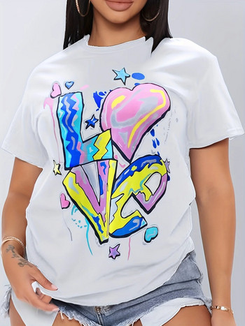 Γυναικείο βαμβακερό μπλουζάκι με κοντό μανίκι μπλουζάκι με μπούστο σε μεγάλο μέγεθος 3D LOVE print με στρογγυλή λαιμόκοψη