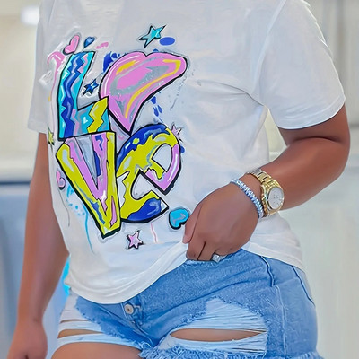 Női pamut póló nagy méretű alsó póló 3D LOVE nyomtatott környakú póló túlméretezett mell rövid ujjú póló