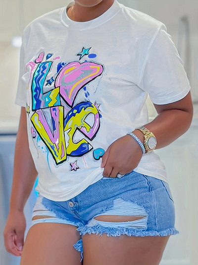 Дамска памучна тениска Големи размери Долна риза 3D LOVE Print Тениска с кръгла яка