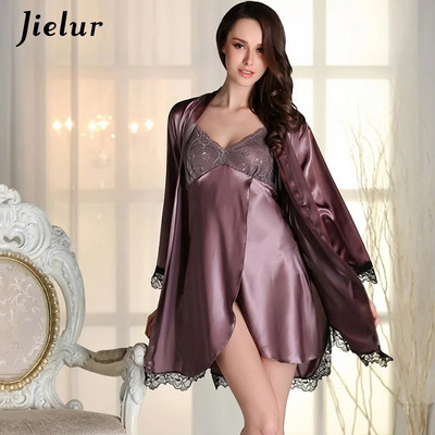 Szexi női köntös és ruha szettek Csipke fürdőköpeny + mini éjszakai ruha, kétrészes otthoni ruha Műselyem alvó szett Patchwork hálóruha