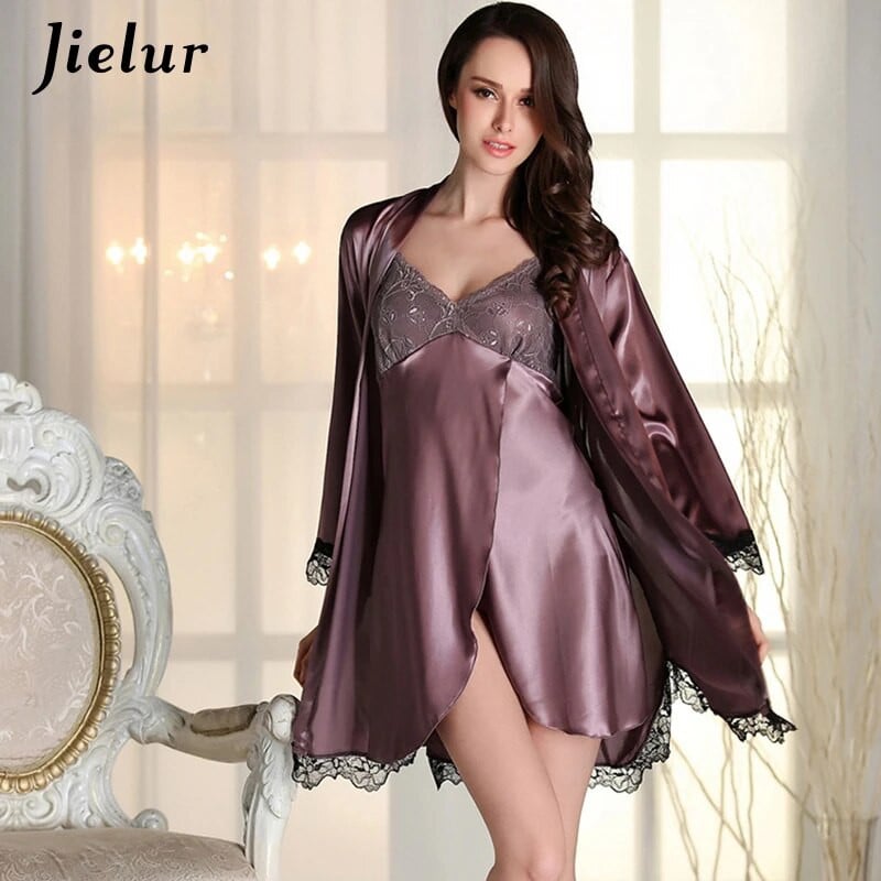Szexi női köntös és ruha szettek Csipke fürdőköpeny + mini éjszakai ruha, kétrészes otthoni ruha Műselyem alvó szett Patchwork hálóruha