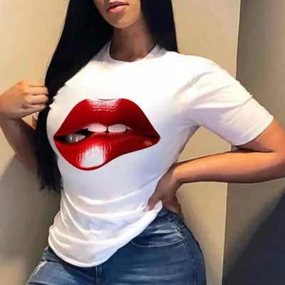 Плюс размер Дамска тениска Letter Lips Cartoon Print Fashion Funy Clothes Tees Lady T Shirt Women American