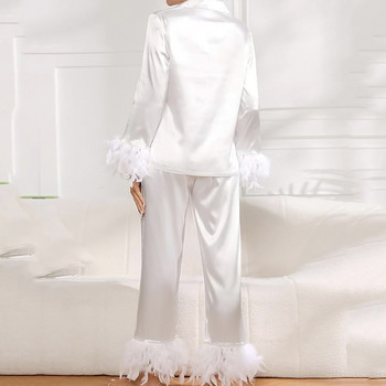 Комплект от две части Пижами за жени с дълъг ръкав с перо Сатенено копринено спално облекло Пижами Горнище и панталон Зимни домашни дрехи Тоалети