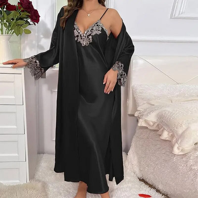 Set halate de baie pentru femei, satin matasos, lenjerie de noapte, primavara vara, dantela, kimono, haine de baie, costum de noapte, costum de noapte