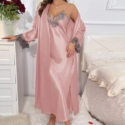 Set halate de baie pentru femei, satin matasos, lenjerie de noapte, primavara vara, dantela, kimono, haine de baie, costum de noapte, costum de noapte