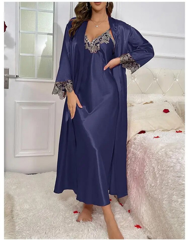 Set halate de baie pentru femei, satin matasos, lenjerie de noapte, primavara vara, dantela, kimono, haine de baie, costum de noapte, costum de noapte