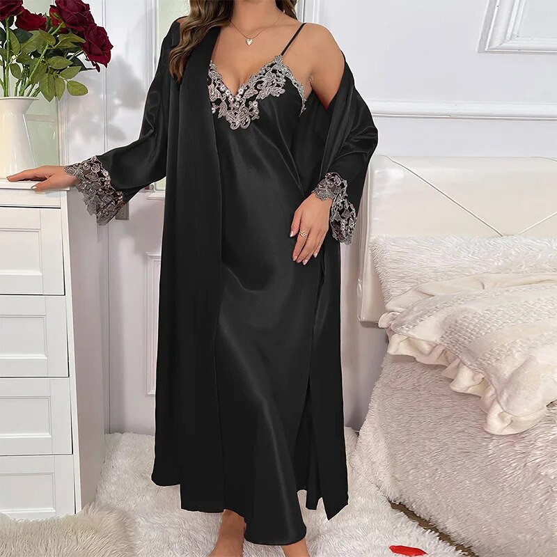 Set halate de baie pentru femei, satin matasos, lenjerie de noapte, primavara vara, dantela, kimono, haine de baie, costum de noapte, costum de noapte